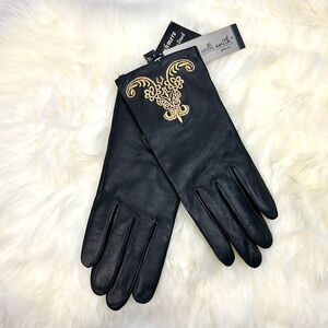 New Leather Gloves Cashmere Lining by Willi Smith Gold Tone Embroidery Women’s S